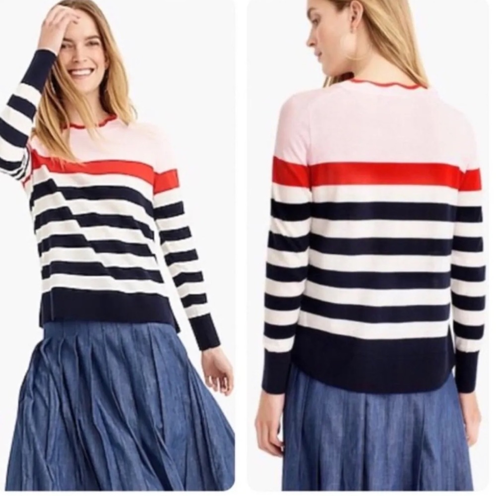 J.Crew Blue White Orangish Striped Scalloped Hem Merino Wool Blend Sweater XS